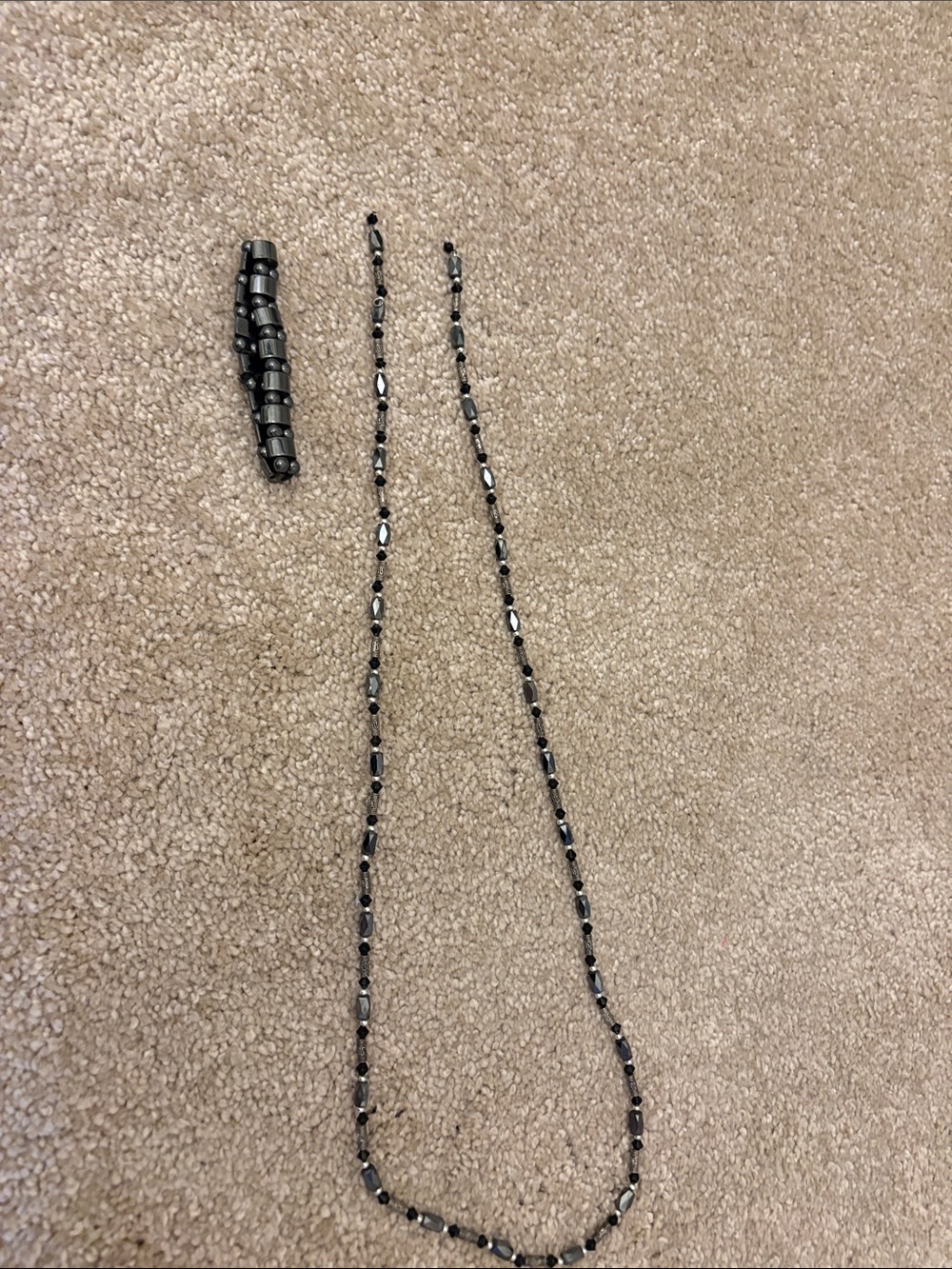 Hematite Beaded Long Necklace that doesnt have a  clasp & Bracelet
